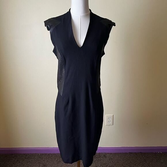 Helmut Lang Blistered Leather Panel Dress Size 10‎ Ribbed Knit V-Neck Sheath - Picture 1 of 9